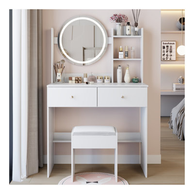17" Round LED Mirror Vanity Table + Soft Cushion Stool Suit, Large Mirror, Touch Switch, 3 Colors, Adjustable Brightness, Large Desktop, Multi-Layer High Capacity Storage, Suitable For Small Space