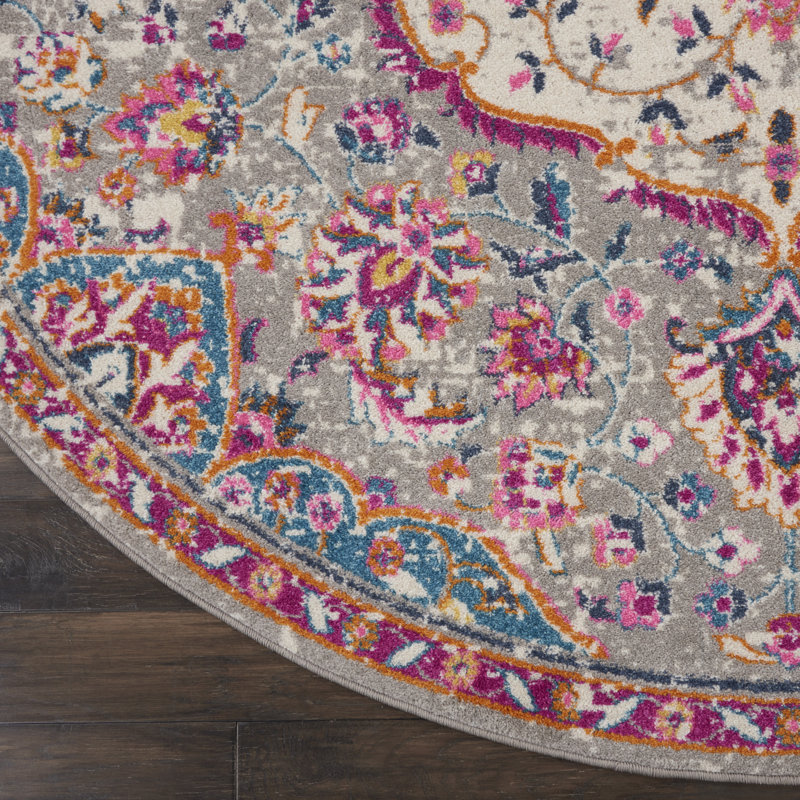 Tapis rose / bleu en polypropylène tissé à la machine, Rond 8 pi