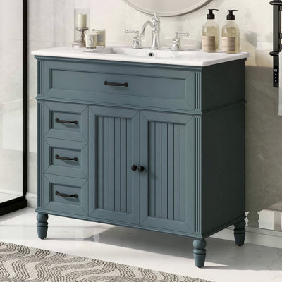 Meuble-lavabo 36 po avec lavabo, armoire de salle de bain bleue avec tiroirs, cadre solide et panneau de fibres à densité moyenne, un paquet