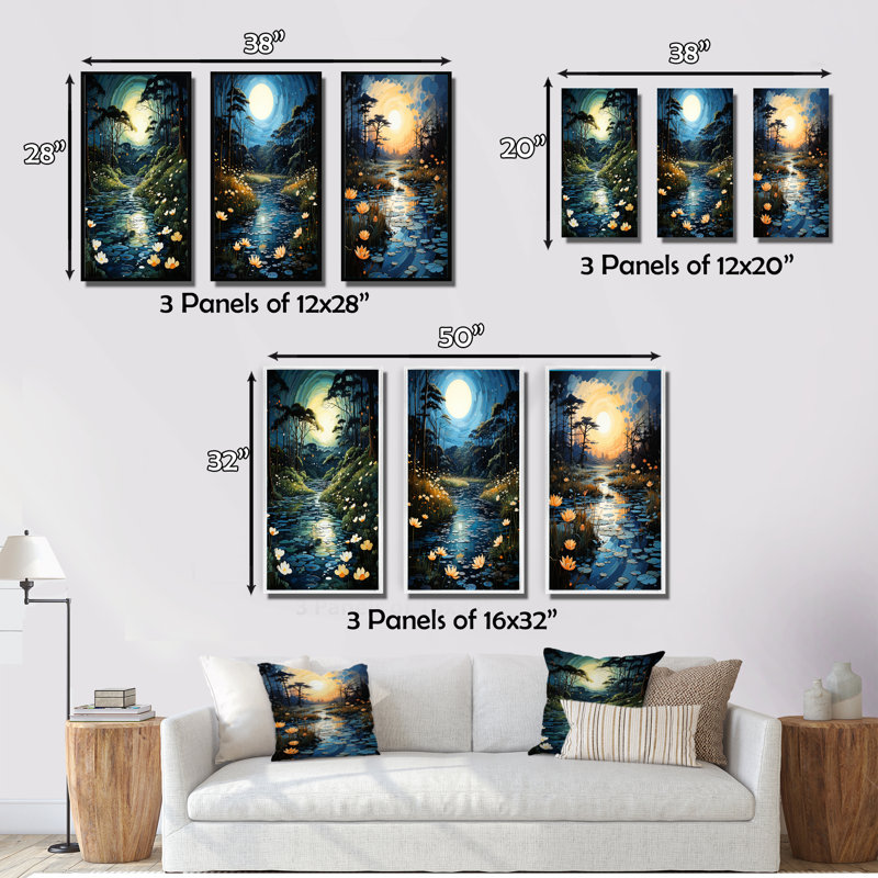 «River Pointillism Charm At Night», 3 pièces sur toile, H 28 po x l 36 po, Cadre flottant blanc