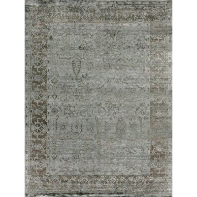 Antique'd Silk Oriental Area Rug in Green