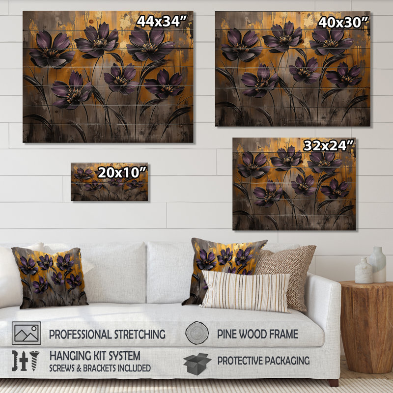 Doré mauve chardon fleurs chanson Harmony II - décoration murale bois de chardon - sur bois de pin naturel
