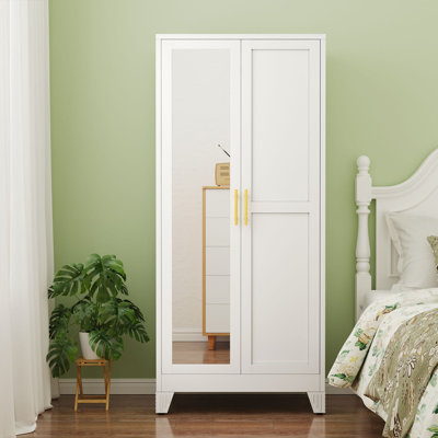 Metal Armoire Wardrobe Closet Cabinet with Mirror Black and White by Winston Porter