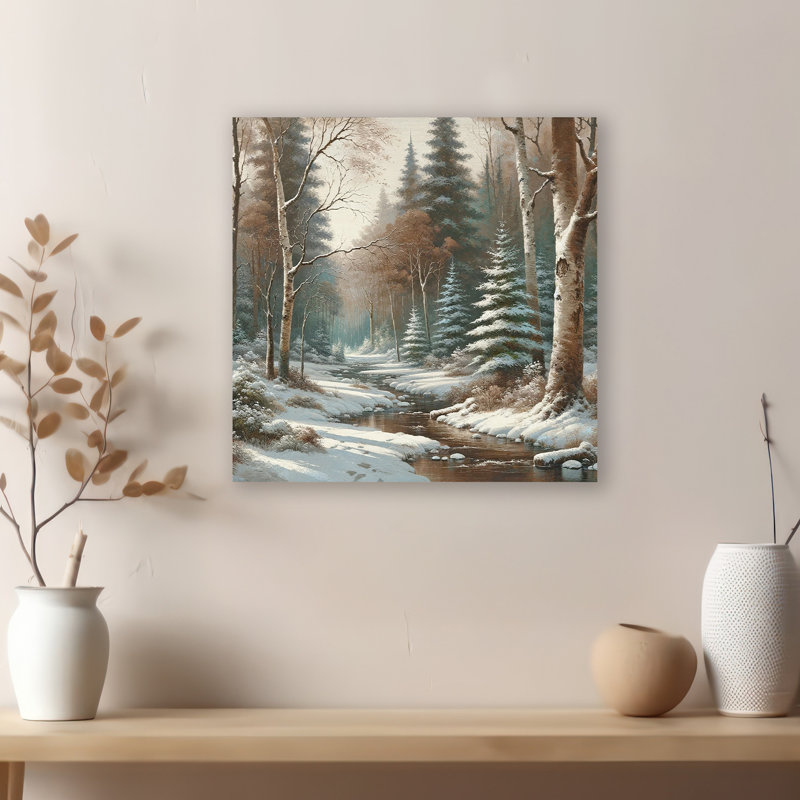 «Whispering Pines: Serene Snow-Covered River» sur toile, H 12 po x l 12 po x P 1 po