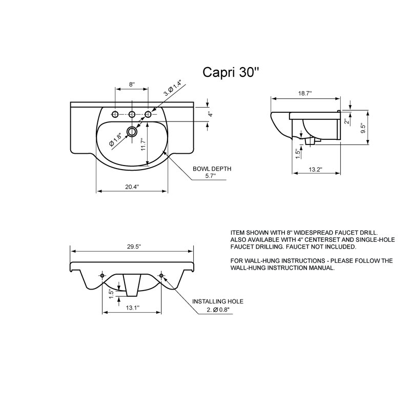 Capri 30" Wall-Hung Ceramic Top In White, 8" Centers