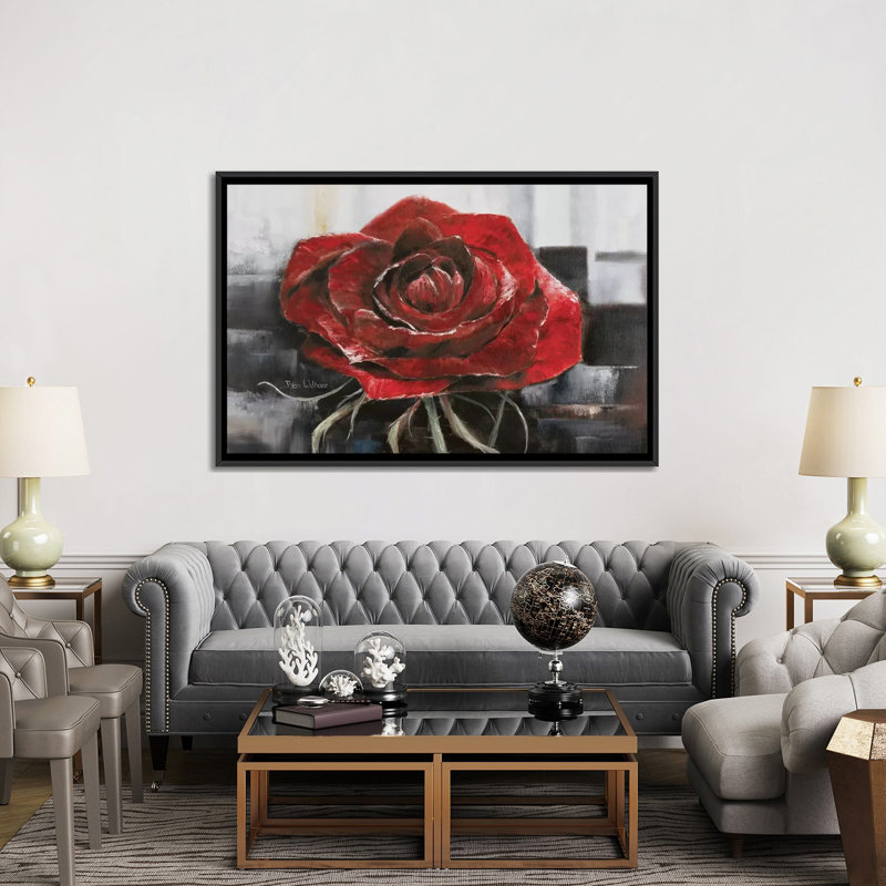 «Blooming Red Rose», reproduction sur toile, H 18 po x l 26 po x P 1,5 po, Toile encadrée noire, Pas de tapis