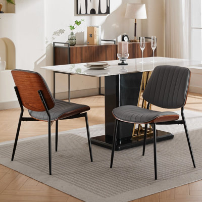 Mobilier, chaises de salle à manger, ensemble de 2 chaises en similicuir rétro de style Mid-Century avec dossier en bois cintré noyer, pieds rembourrés en métal, pieds réglables pour les chaises de salle à manger de cuisine (polyuréthane gris)
