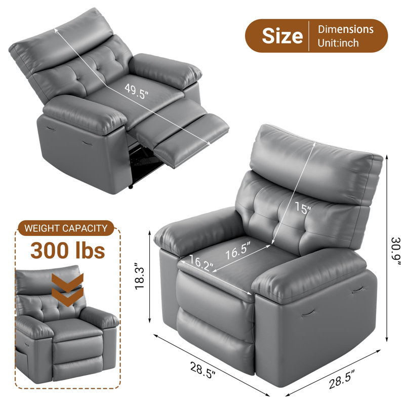 Fauteuil inclinable électrique de massage pivotant à 270 ° avec similicuir et poche latérale, canapé-lit berçant moderne pour le salon ou la chambre à coucher, gris
