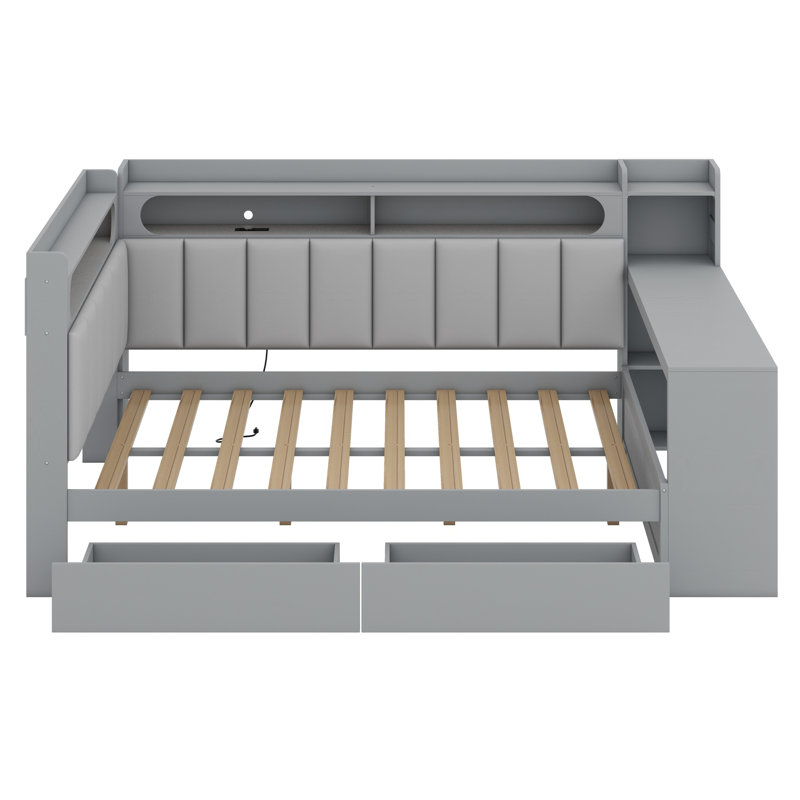 Lit de jour avec tablettes de rangement, tiroirs, station de charge, lumière DEL, bureau et tête et dossier rembourrés, Gris