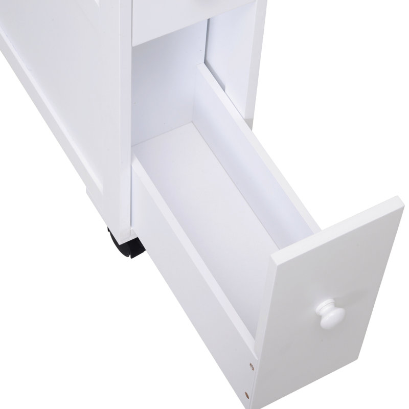 Meuble de rangement roulant pour salle de bain, blanc, avec 2 tiroirs et tablette étroite intégrée
