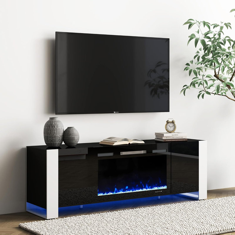 Meuble télé 80 po noir brillant avec lumières DEL et pieds en forme de U pour téléviseur de 90 po