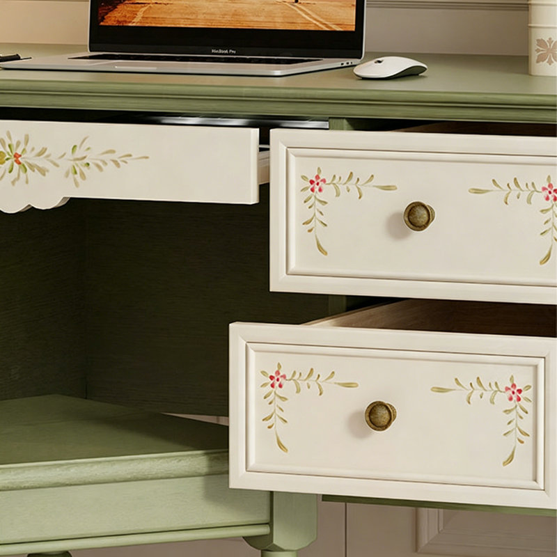 Bureau vintage en bois massif vert et blanc peint à la main