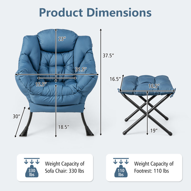 Mumtas Upholstered Armchair with Ottoman, Blue Polyester Blend