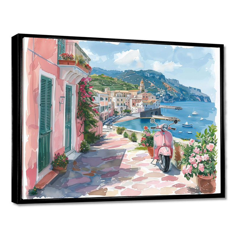 Pink Scooter In Coastal Village Italy I - Italy Wall Art Print, 24'' H x 32'' W, Black Floater Framed