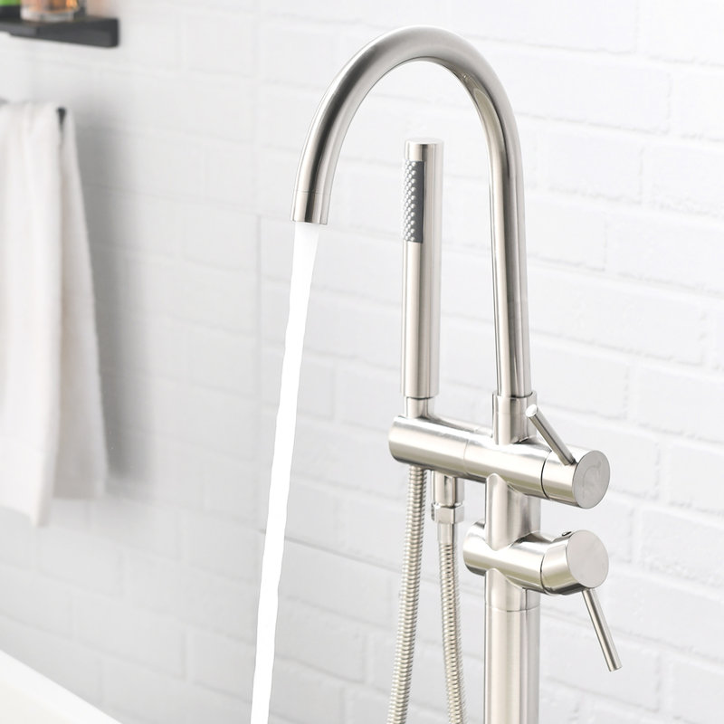 Robinet de baignoire avec douche à main, fixation au sol, robinet 1 trou, extractible à fixation classique de style antique, nickel brossé