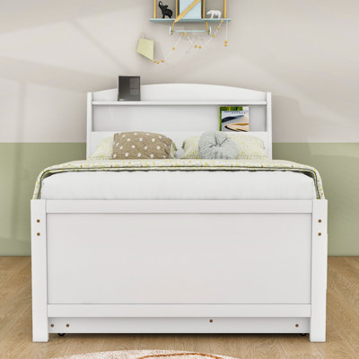 Lit plateforme en bois Sinit avec tête de lit DEL, tiroirs et lit gigogne simple