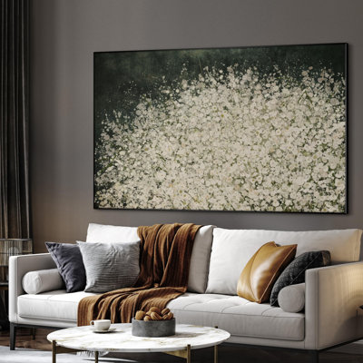 Extra Large Wall Art Fabric Print - White Wildflower Meadow Delicate Blooming Florals Illustration Artwork Decor for Living Room or Bedroom - "Frame Assembly Required (Unfinished Frame)"