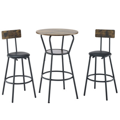 Ensemble de table de bar et de tabouret rond avec tablette, tabouret rembourré avec dossier, rustique, H x P x P x H