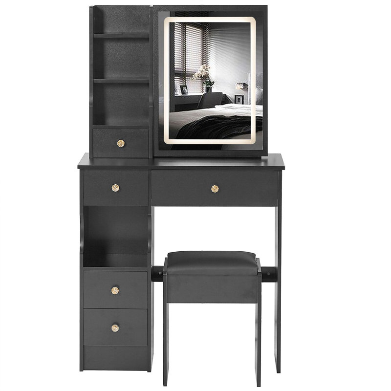 Compact Vanity Table with LED Mirror & Storage Drawers -Dressing Table with Cushioned Stool, Black w/LED