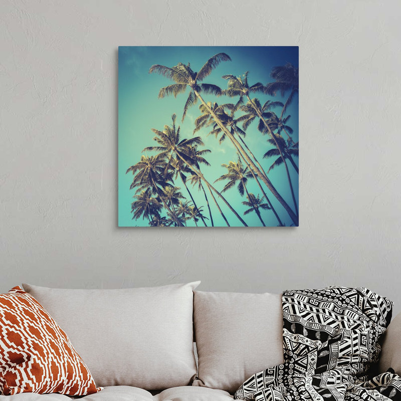 Art mural rétro sur toile, palmiers diagonaux à Hawaï, Toile tendue, H 30 po x l 30 po x P 1,25 po
