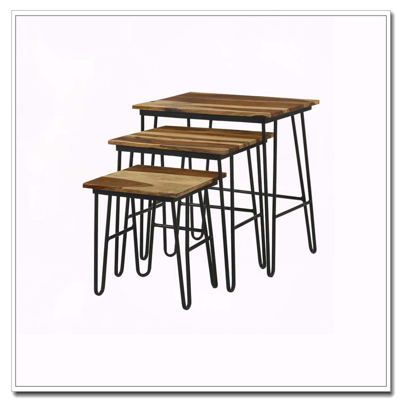 Table gigogne naturelle et noire 3 pièces avec pieds en épingle à cheveux