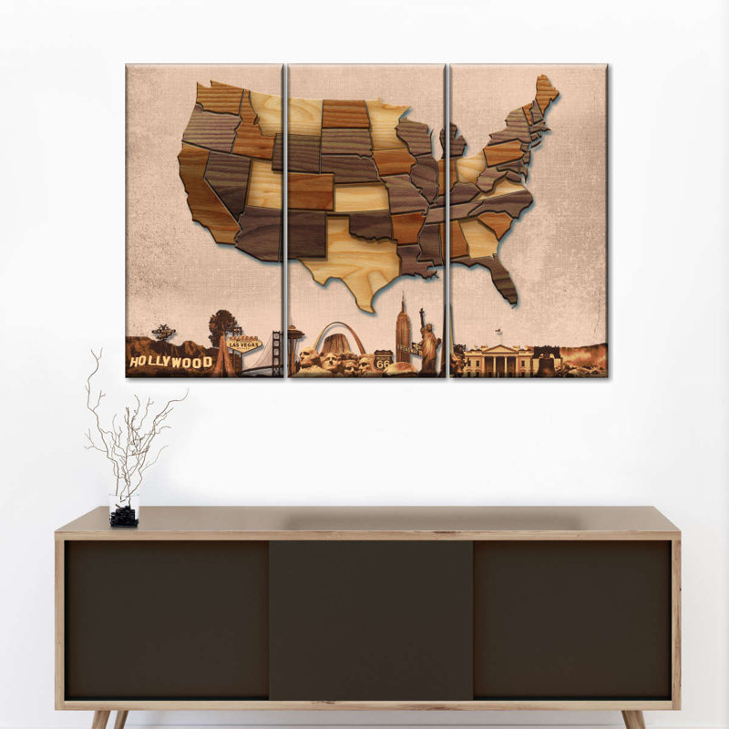 Carte des États-Unis en bois sculpté, ensemble de 3 pièces sur 3 pièces, H 36 po x l 57 po x P 1,25 po