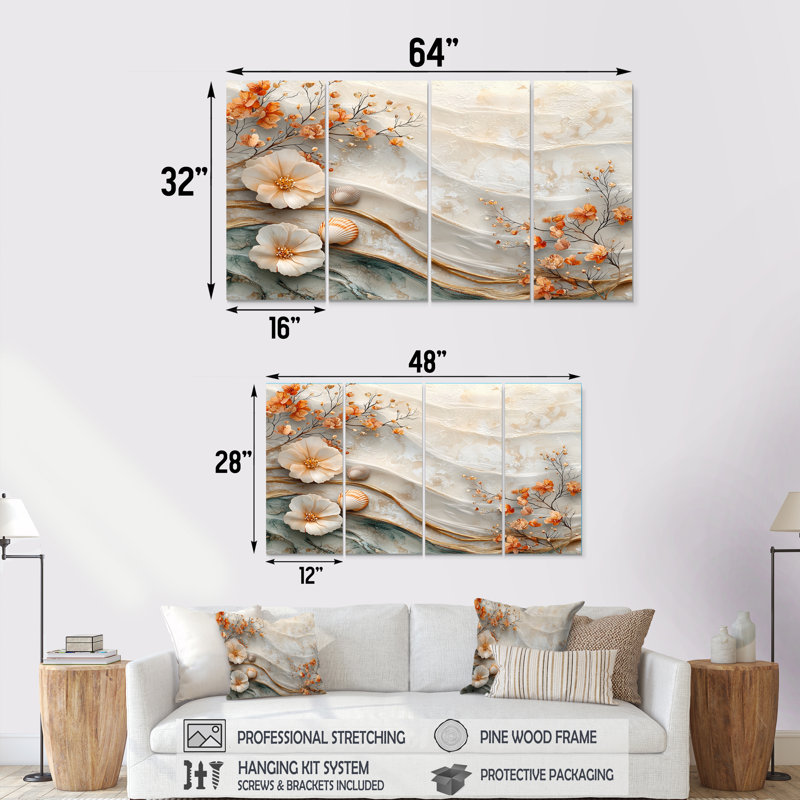 Scannell coquillage et paysage de plage marbrée I - art mural côtier - art mural nautique sur toile, H 32 po x l 64 po, 4