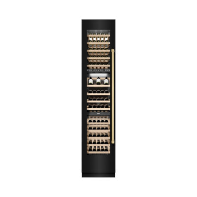 ZLINE Autograph 18 in. 9.0 cu. ft. Triple Zone 68 Bottle Hinge Column Wine Cooler in Black Stainless Steel with Accents | Fridge.com