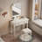 Pereda 35.43 Inch Wide Makeup Vanity With Mirror And Stool, 1 Drawer, Padded Stool, Beige