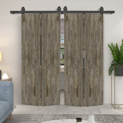 Stained Pine Wood Bi-Fold Double Barn Door with Sliding Hardware Kit