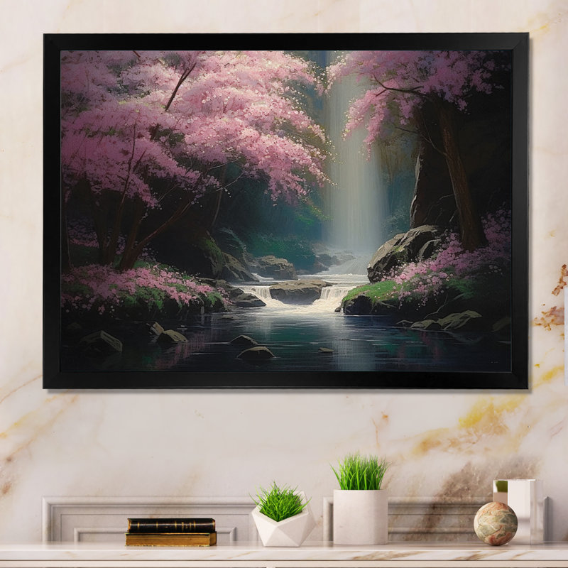 Piccadilly Cherry Blossom Stream IV - reproduction sur toile, Cadre photo noir, H 16 po x l 32 po x P 1 po