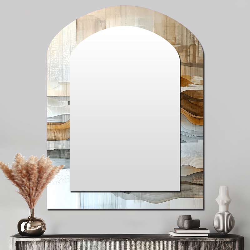 Urban Jazz Of Abstract Line Art II - Landscape Line Art Arch Large Wall Mirror, White Asymmetrical Decorative Mirror, Printed Metal Art