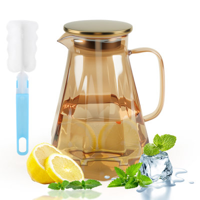 L Borosilicate Glass Water Pitcher with Gold Stainless Steel Lid & Handle, Diamond Textured Design Water Glass Carafe, Hot & Cold Beverage Jug for Juice, Milk, Coffee, Tea