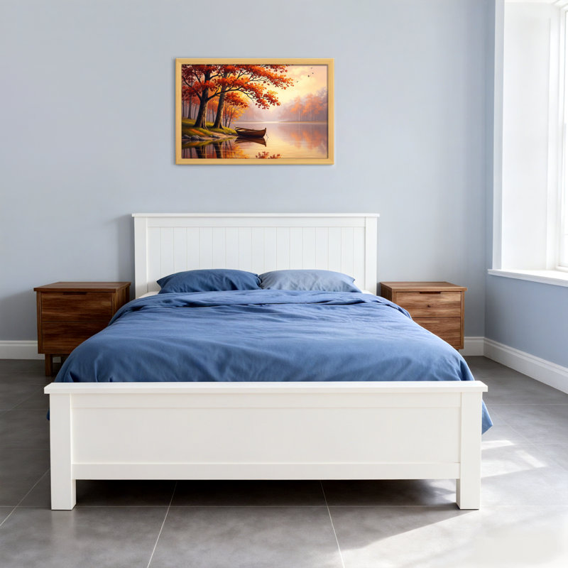 Plantes et fleurs, arbres d'automne, lac, bateau, reflet, coucher de soleil, scène paisible, H 16 po x l 24 po, Toile tendue