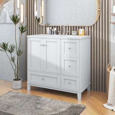 Meuble-lavabo simple autoportant 36 po avec plateau en résine Chrishad, meuble-lavabo avec charge USB, 2 portes et 3 tiroirs