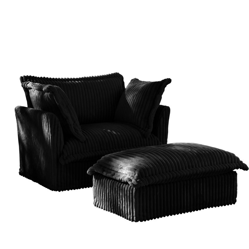 High Back Armchair With - Black Corduroy Upholstery Modern Design