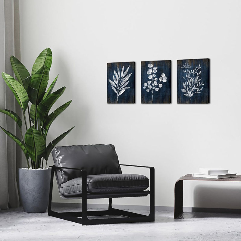Botanical Painting Rustic Botanical Wall Art Canvas Minimalist White Leaf Plant Artwork Prints, 40 cm H x 30 cm W, Blue