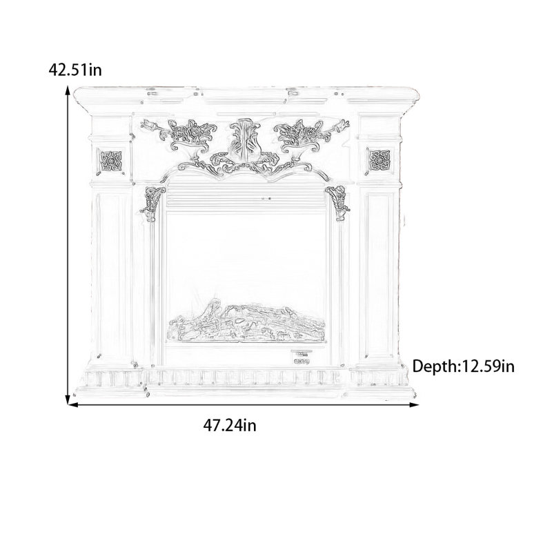 Beautifully carved simulated flame fireplace, 42.51" H x 47.24" W x 12.59" D, White Traced Silver