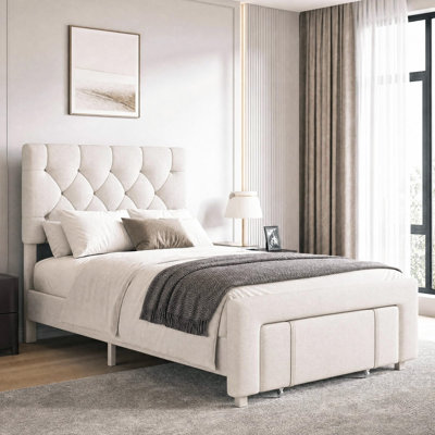 Twin Size Bed Frame with Storage Drawers, Upholstered Platform Bed Frame with Strong Wood Slats, No Box Spring Needed