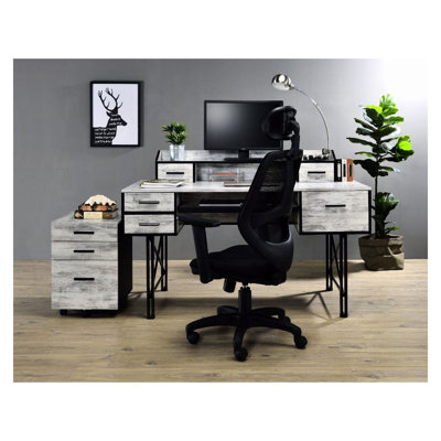 Bureau antique blanc et noir avec 5 tiroirs, base en métal, conception efficace, tiroirs d'écriture robustes