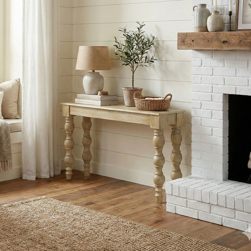 Console en bois massif Braydan de 56 po avec pieds tournés à la main, naturel rustique, Naturel