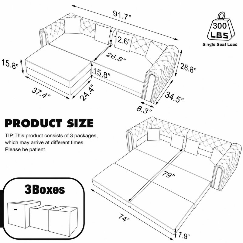 Canapé convertible en velours capitonné avec pouf amovible, Velours beige