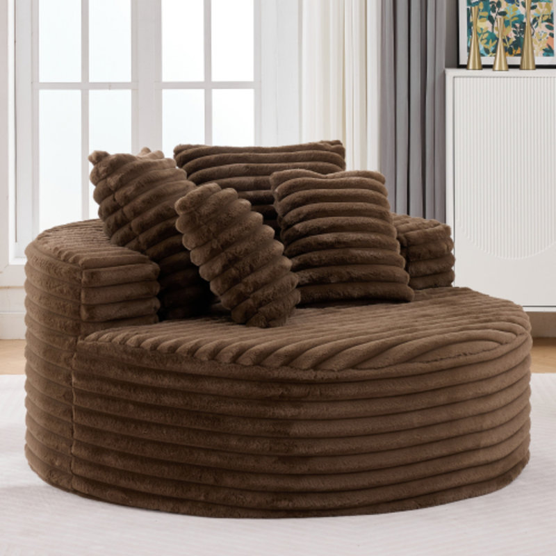 54.3" Brown Oversized Round Chaise Lounge, Compression Corduroy Cloud Sofa Chair, Fluffy Deep Seat Circle Sleeper Sofa Bed, No Assembly Required, Modern Indoor Upholstered Furniture for Relaxing & Reading