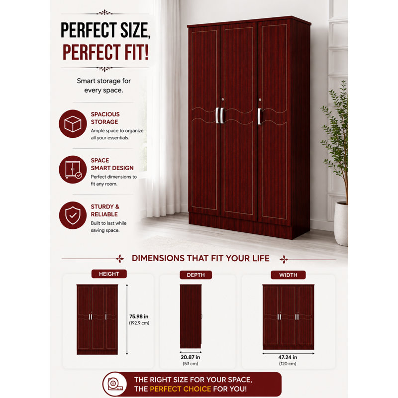 Garde-robe 3 portes avec tringle, tablettes et rangement - finition acajou, Acajou