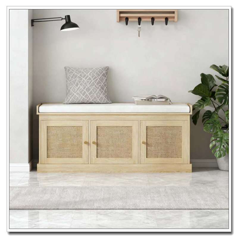 Banc de rangement pour chaussures avec portes en rotin tissé, banc de chaussures avec coussin, Chêne / Blanc