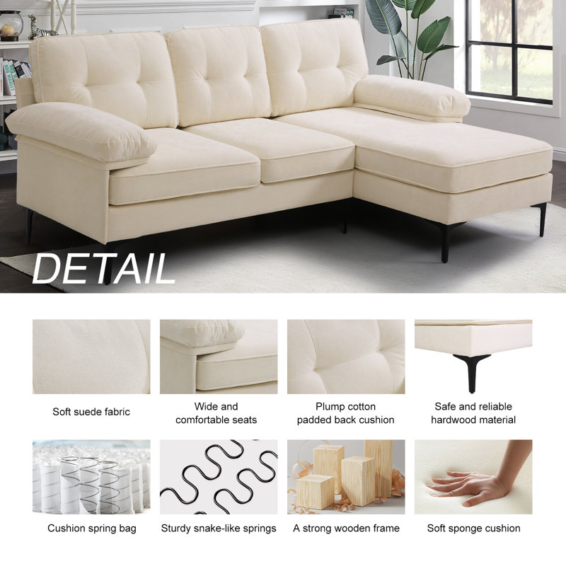 Canapé modulaire capitonné en bois massif de 82,7 po Tylisha, poids maximal de 1 000 lb, Chenille blanche, Noir