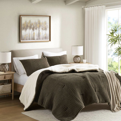 Édredon simple en chenille tricoté gaufré, 100%, 2 taies décoratives, réversible, lavable à la machine et bourre de taie décorative, dossier, lavable, mélange brun-grisâtre