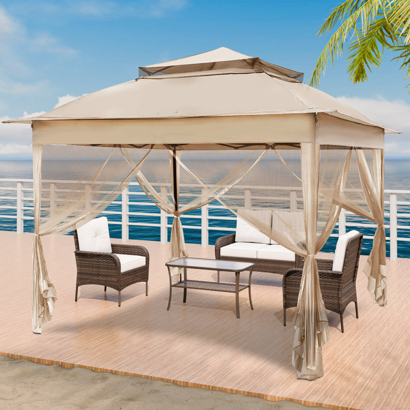 11 Ft. W x 11 Ft. D Outdoor Pop Up Soft Top Steel Patio Gazebo with Netting, Khaki