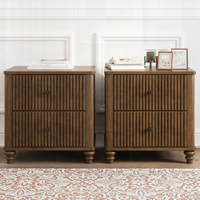Fluted Nightstand 2-Piece Set,Side Table with 3 Drawers, Mid Century Modern Wood NightStand with Metal Handle, Wooden Bedside End Table for Bedroom, L