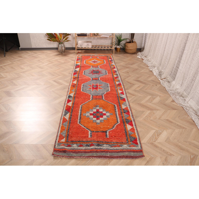 Tapis de couloir turc fait à la main en orange rétro - motif en laine de style ethnique pour les couloirs et les planchers